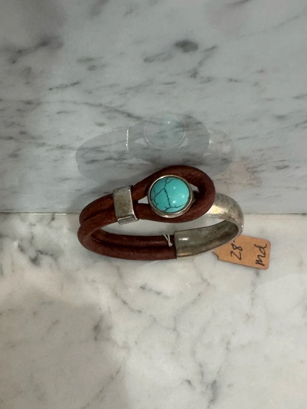 Source Unknown Brown Leather Bracelet with Turquoise Stone and Silver Accents